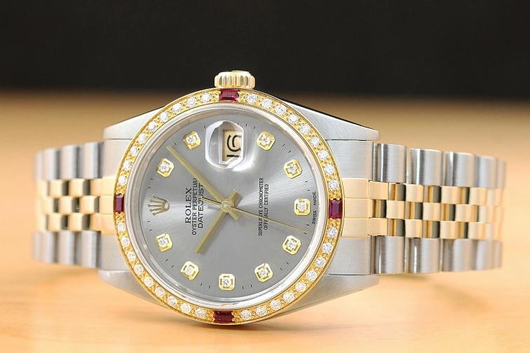 ROLEX MENS DATEJUST 16013 GRAY DIAMOND RUBY 18K YELLOW GOLD STEEL 2-TONE WATCH - 3