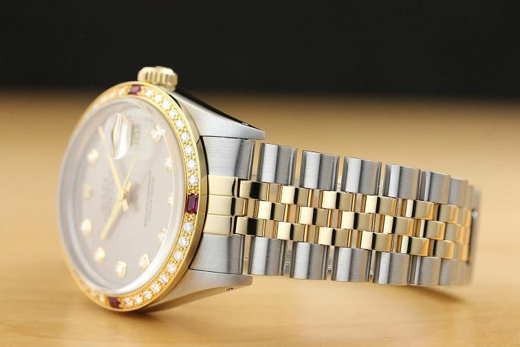 ROLEX MENS DATEJUST 16013 GRAY DIAMOND RUBY 18K YELLOW GOLD STEEL 2-TONE WATCH - 4