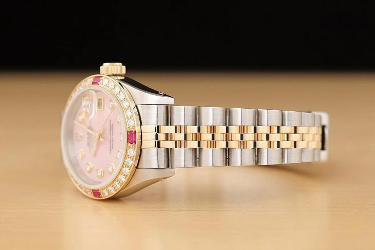 ROLEX LADIES DATEJUST 69173 PINK MOTHER OF PEARL 18K GOLD SS DIAMOND RUBY WATCH - 4