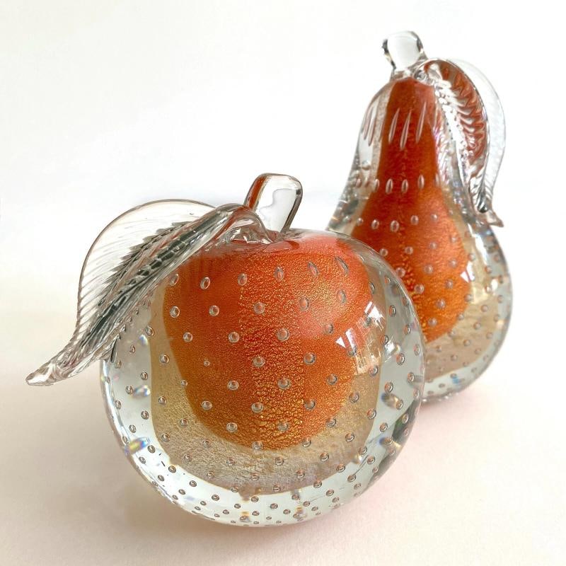 MCM BARBINI MURANO ART GLASS SOMMERSO GOLD LEAF BULLICANTE FRUIT SCULPTURES SET - 2