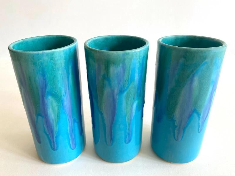 MID CENTURY MODERN DRYDEN STUDIO ART POTTERY DRIP GLAZE TUMBLER CUPS - SET OF 7 - 10