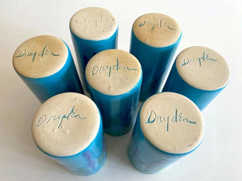 MID CENTURY MODERN DRYDEN STUDIO ART POTTERY DRIP GLAZE TUMBLER CUPS - SET OF 7 - 12