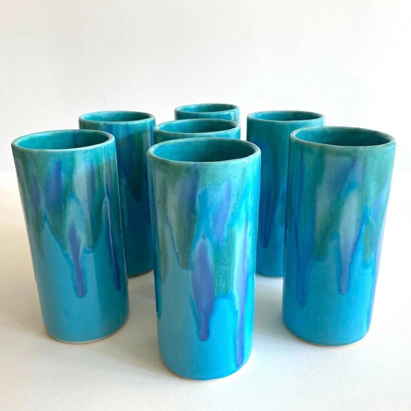 MID CENTURY MODERN DRYDEN STUDIO ART POTTERY DRIP GLAZE TUMBLER CUPS - SET OF 7 (1 of 12)