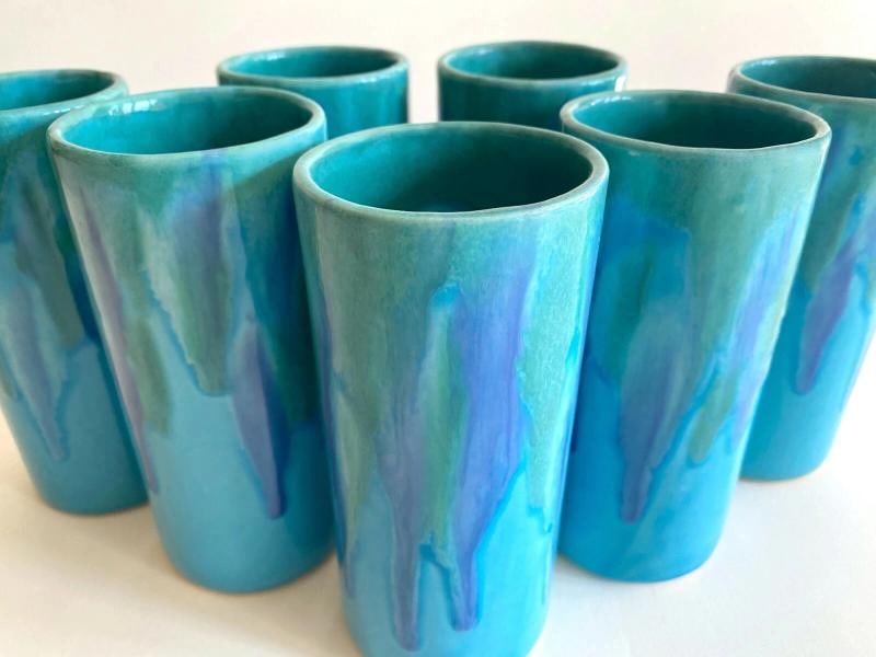 MID CENTURY MODERN DRYDEN STUDIO ART POTTERY DRIP GLAZE TUMBLER CUPS - SET OF 7 - 7