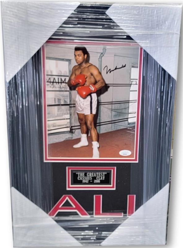 Muhammad Ali Signed & Custom Framed Photo (JSA): The frame total measures 13" x 20". Sport: Boxing,Original/Reprint: Original,Autograph Authentication: James Spence (JSA),Signed: yes,Country of Origin: United States