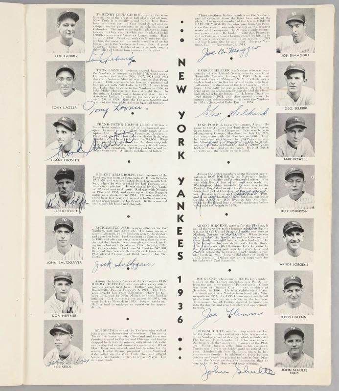 1936 New York Yankees Team Signed World Series Program 51 Sigs Lou Gehrig PSA: signed by 40+ players and personnel from the New York Yankees and New York Giants. The program is scored inside by Lefty Gomez's childhood friend, and best man, Jake Jorgensen. Features (24) Giants pl
