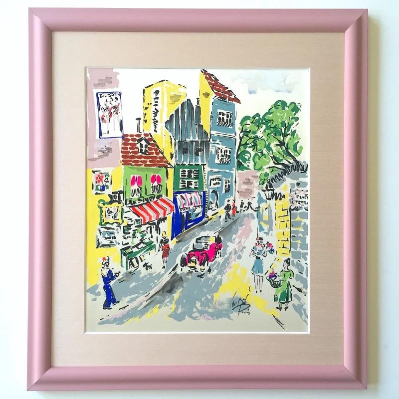 VINTAGE MID CENTURY PARIS STREET SCENE FRAMED ORIGINAL GOUACHE PAINTING ON SILK: Painting Surface: SILK,Features: Framed, Signed,Region of Origin: Europe,Width (Inches): 15 1/2",Production Technique: Gouache Painting,Listed By: Dealer or Reseller,Subject: Paris,Size: Medium (up