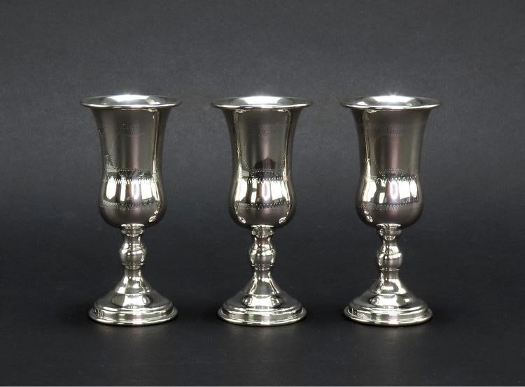 3 Lovely Russian Silver Classical Form Kiddush Cups Hand Engraved No Monos: Brand: N/A,Country of Origin: Russia Presented is a lovely set of 3 kiddush cups, produced somewhere within the Russian sphere of influence. Each cup displays nice hand-done engravings with, the star