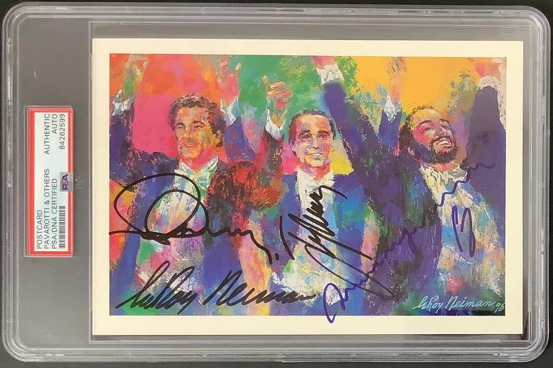 Luciano Pavarotti Signed Neiman Postcard 3 Tenors Autographs 4 Sigs RARE PSA/DNA: The postcard has four signatures - Luciano Pavarotti, Jose Carreras, Placido Domingo & the artist, LeRoy Neiman. Country of Origin: United States,Modified Item: No,Original/Reproduction: