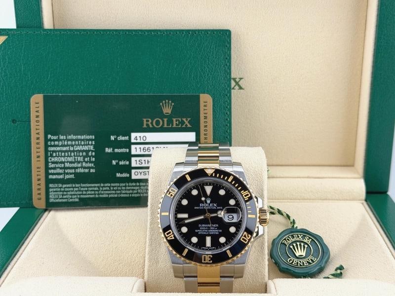 Rolex Submariner 116613LN 40mm Black Ceramic 18k Gold Stainless Steel Box Paper: Style Number: 116613LN Year: 2013 Model: Rolex Submariner Date Case Material: Stainless Steel Band: 18K Yellow Gold & Stainless Steel Bezel: Black Ceramic. insert has minor scratches Dial: Black