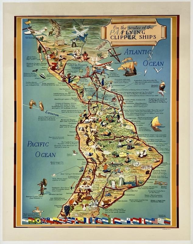 Original Vintage Poster PAN AM ROUTES OF THE FLYING CLIPPER SHIPS Airline LINEN: Dimensions: 19.3 x 24 in. / 49 x 61 cm.; Circa: 1940s . Condition: Used,Type: Poster,Airline: Pan Am,Country of Origin: United States