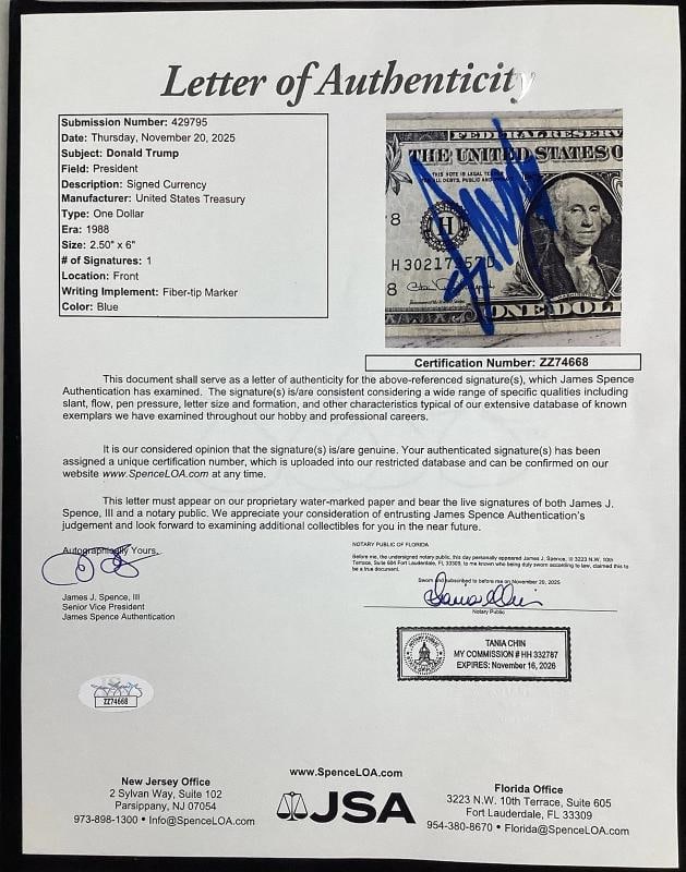 Donald Trump Signed Currency $1 Bill (JSA LOA) - 4