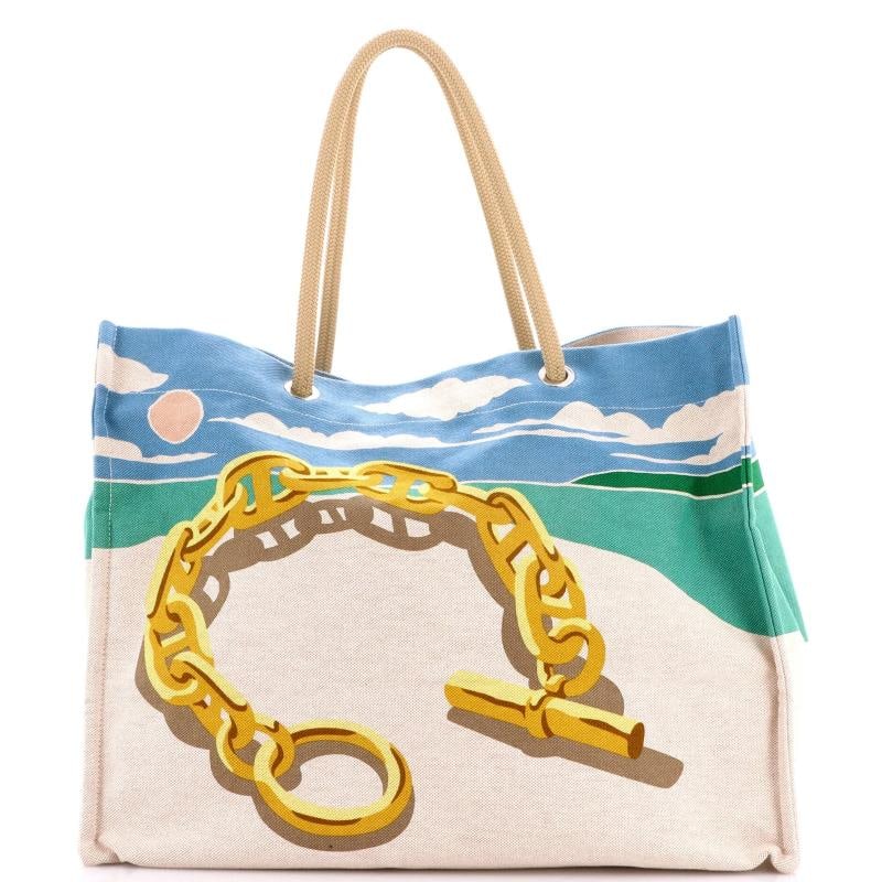 Hermes Beach Bag Printed Canvas: Measurements: Height 14.5", Width 18.5", Depth 9.5" . Condition: Pre-owned - Excellent,Brand: Hermes,Exterior Material: Canvas Plain,Style: Totes,Exterior Color: Blue,Department: Women,Size: Extra