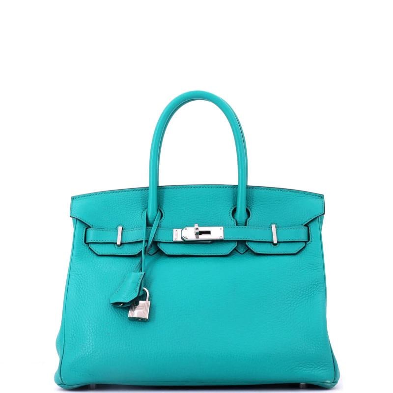 Hermes Birkin Handbag Blue Clemence with Palladium Hardware 30: Accessories: Clochette, Lock, Keys Measurements: Handle Drop None", Height 9", Width 12", Depth 6", Strap Drop None". Condition: Pre-owned - Good,Brand: Hermes,Exterior Material: Leather,Style: Top