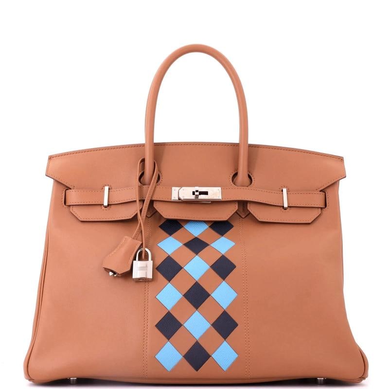 Hermes Birkin Handbag Tressage Brown Swift and Palladium Hardware 35: Accessories: Keys, Clochette, Lock Measurements: Height 10", Width 14", Depth 7". Condition: Pre-owned - Excellent,Brand: Hermes,Exterior Material: Leather,Style: Totes,Exterior Color: