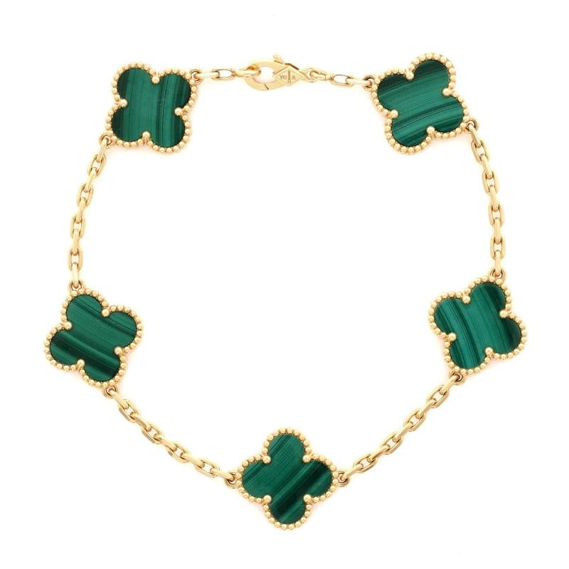 Van Cleef & Arpels Vintage Alhambra 5 Motifs Bracelet 18K Yellow Gold: Measurements: Circumference: 7.5 ", Width: 2.2 mm . Condition: Pre-owned - Good,Brand: Van Cleef & Arpels,Main Stone: Malachite,Metal: 18K Yellow Gold,Metal Purity: 18k,Style: Bracelet,Type: