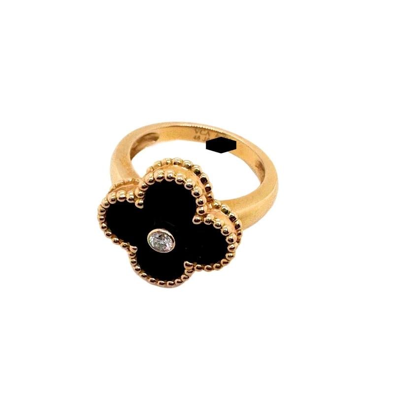 Van Cleef & Arpels Vintage Alhambra Black Onyx Diamond Ring 18k Gold COA Box - 8