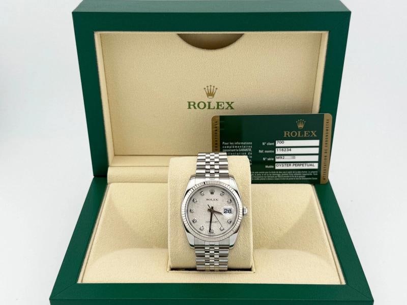 Rolex Datejust 116234 36mm Factory Jubilee Diamond Dial 18k Gold Steel Box Paper: Style Number: 116234 Serial: M92**** Year: 2008 Model: Rolex Datejust Case Material: Stainless Steel Band: Stainless Steel Jubilee Bezel: 18k White Gold Fluted Bezel Dial: Factory Silver Jubilee Diamo