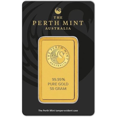 50 gram Gold Bar - Perth Mint - 99.99 Fine in Assay: Composition: Gold,Shape: Bar,Fineness: 99.99,Brand/Mint: The Perth Mint,Total Precious Metal Content: 50 g,Country of Origin: Australia