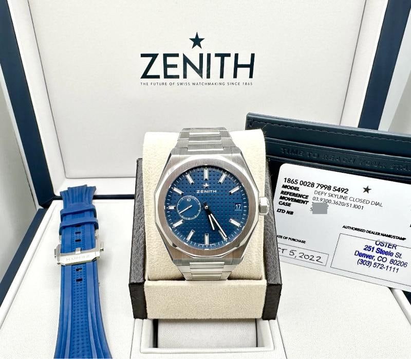 Zenith Defy Skyline 03.9300.3620/51.I001 41mm Blue Dial Steel Box Paper: Condition: Pre-owned - Excellent,Bezel Color: Silver,Movement: Mechanical (Automatic),With Papers: Yes,Year Manufactured: 2020-Now,Reference Number: 03.9300.3620/51.I001, 03.9300.3620,Brand: Zenith,Ca