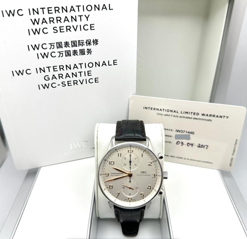 IWC Portuguese Portugieser Chronograph IW371445 41mm Stainless Steel Box Paper: Condition: Pre-owned - Excellent,Bezel Color: Silver,Year Manufactured: 2010-2019,Band/Strap: Two-Piece Strap,Case Color: Silver,Department: Men,Watch Shape: Round,Style: Dress/Formal, Formal, Luxury,