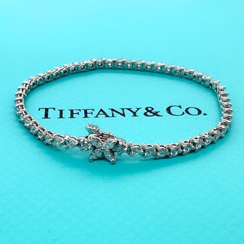 Tiffany & Co. Victoria Diamond Tennis Bracelet 3.08 tcw in Platinum: Condition: Pre-owned - Excellent,Main Stone Creation: Natural,Occasion: Anniversary, Engagement, Birthday, Mother's Day, Valentine's Day, Graduation, Wedding,Signed: Yes,Color: White,Main Stone Color: