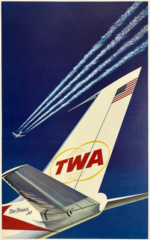 Original Vintage Poster TWA STAR STREAM JET Airline Travel 15.6" x 25.2" LINEN: Dimensions: 15.6 x 25.2 in. / 39.5 x 64 cm.; Circa: 1960s Original vintage "TWA STAR STREAM JET" airline travel poster, illustrated by DAVID KLEIN, and printed by LITHO IN U.S.A. circa 1960s.
