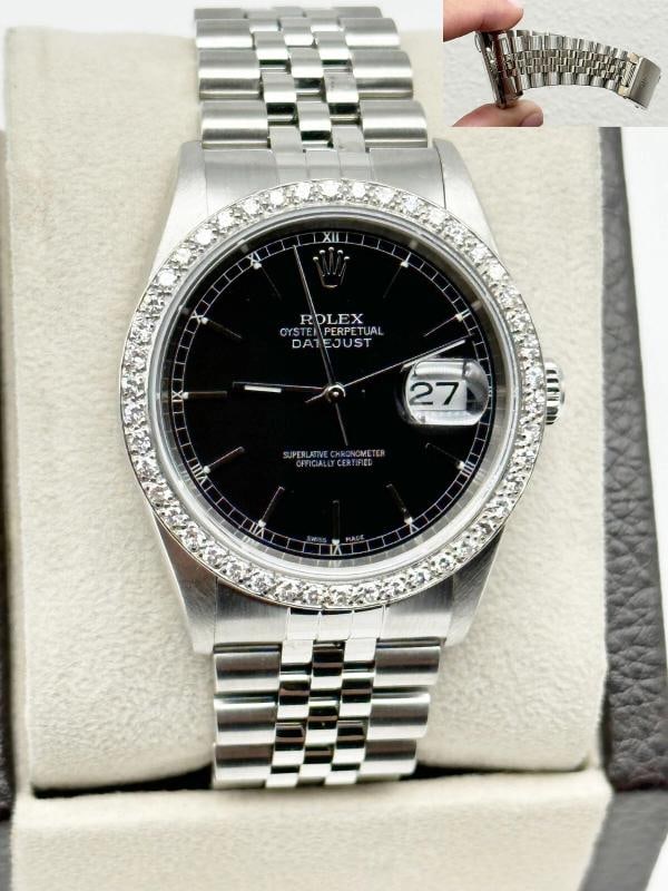 Rolex Datejust Thunderbird Turn-O-Graph 16264 Diamond Bezel Stainless Steel: Style Number: 16264 Serial: K962*** Year: 2001 Model: Rolex Datejust Turn-O-Graph "Thunderbird" Case Material: Stainless Steel Band: Stainless Steel Bezel: Custom Diamond Bezel Dial: Black Face: Sapph