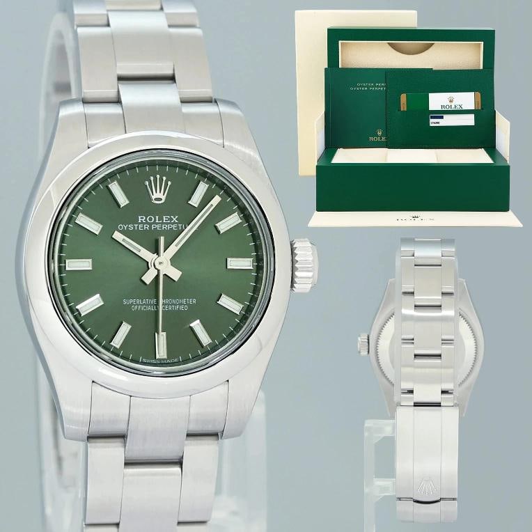 MINT 2018 PAPERS Rolex 176200 Oyster Perpetual 26mm Green Watch Box: Case & Dial Case Material: Rolex Stainless Steel Case Size: 26mm Bezel: Rolex Steel Crystal: Rolex Sapphire Dial: Rolex Green Movement & Bracelet Movement: Rolex Automatic Bracelet Design: Rolex Oyste