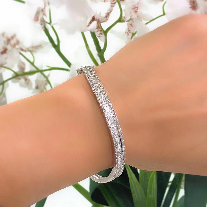 Round and Baguette Diamonds Bracelet Bangle 14K White Gold (1 of 9)