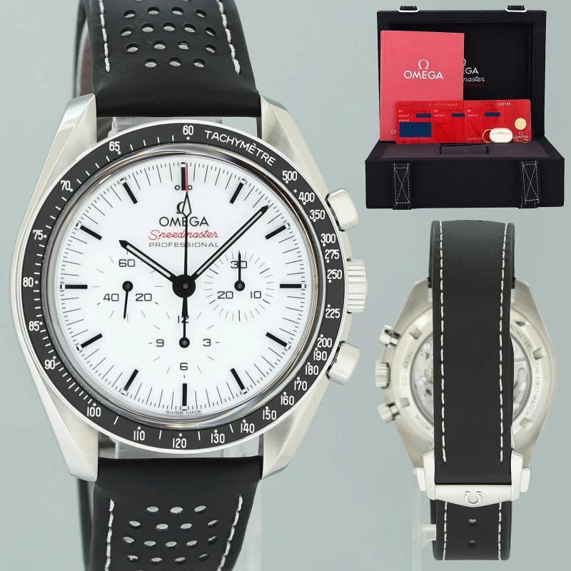 2024 PAPERS Omega White Speedmaster Moon Professional 310.32.42.50.04.002 Watch: Case & Dial Case Material: Omega Stainless Steel Case Size: 42mm Bezel: Omega Steel Crystal: Omega Sapphire Dial: Omega White Chrono Movement & Bracelet Movement: Omega Automatic Bracelet Design: Omeg