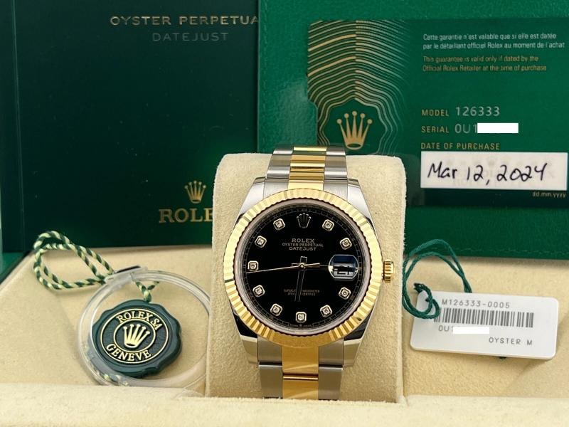 2024 Rolex Datejust 41 126333 Black Diamond Dial 18K Yellow Gold Steel Box Paper: Style Number: 126333 Serial: OU166*** Year: 2024 Model: Rolex Datejust 41 Case Material: Stainless Steel Band: 18K Yellow Gold & Stainless Steel Bezel: 18K Yellow Gold Dial: Factory Black Diamond Dial