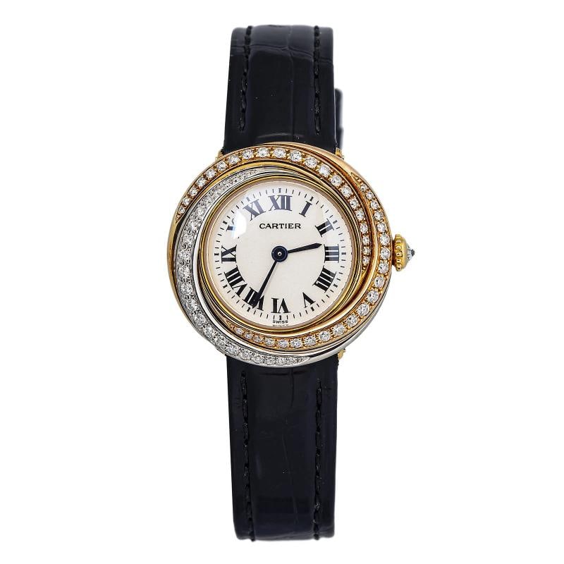 cartier Vendome Trinity W6000146 Bracelet 18k YG Cream White Roman Quartz 27mm: Case Size 27mm Wrist Fit 6.5 mm Box No Papers No Condition ¢â‚¬â€� Very Good Full Specifications SKU Cartier#1827 Brand Cartier Model Vendome Trinity Reference W