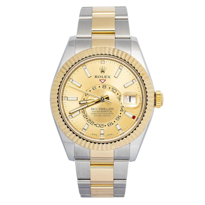 Rolex SkyDweller 326933 2026 Card Oyster 18K Yellow Gold Two Tone Champagne: Case Size 42mm Wrist Fit 7 Inches Box No Papers Yes Condition ¢â‚¬â€� Excellent Full Specifications SKU Rolex#4061 Brand Rolex Model SkyDweller Reference 326933