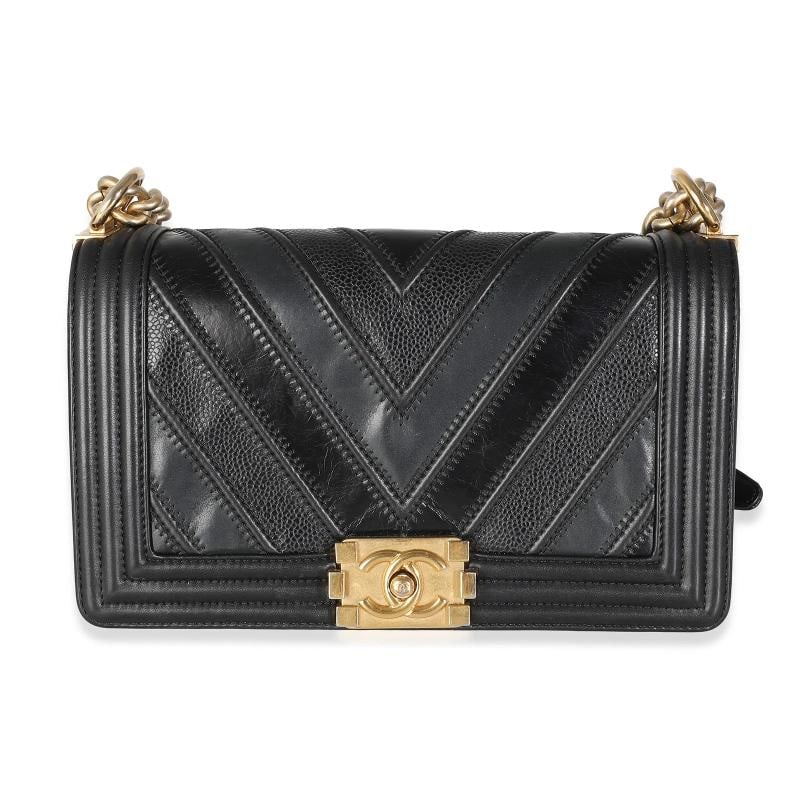 Chanel Black Calfskin Caviar In The Mix Chevron Old Medium Boy Handbag: Condition: Pre-owned - Good,Dimensions: 9.75 x 5.75 x 3,Handbag Accessories: Box;Dustbag,Bag Width: 9.75 in,Bag Depth: 3 in,Bag Height: 5.75 in,Department: Unisex,Style: Crossbody Bag;Shoulder Bag,Mat