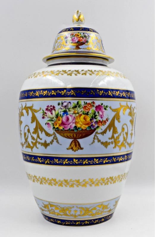 Spectacular Le Tellec Paris Hand Painted Large Ginger Jar - Florals Raised Gold: Measures 16" high by 8" wide.