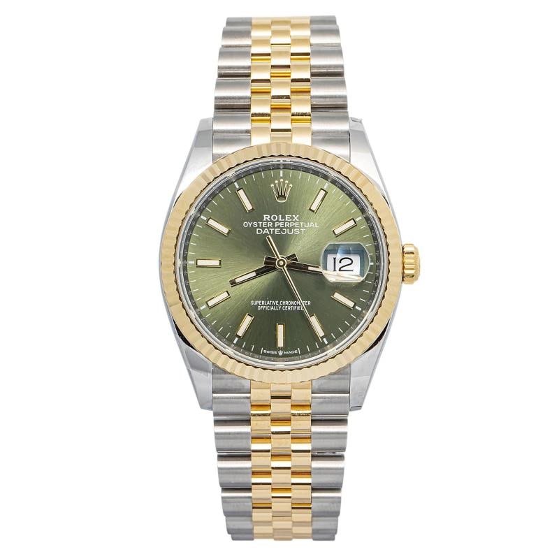 Rolex Datejust 36 126233 2026 Complete Jubilee 18K YG Two Tone Olive Green Auto: Case Size 36mm Wrist Fit 7 Inches Box Yes Papers Yes Condition ¢â‚¬â€� Unworn Full Specifications SKU Rolex#4073 Brand Rolex Model Datejust 36 Reference 126233 S