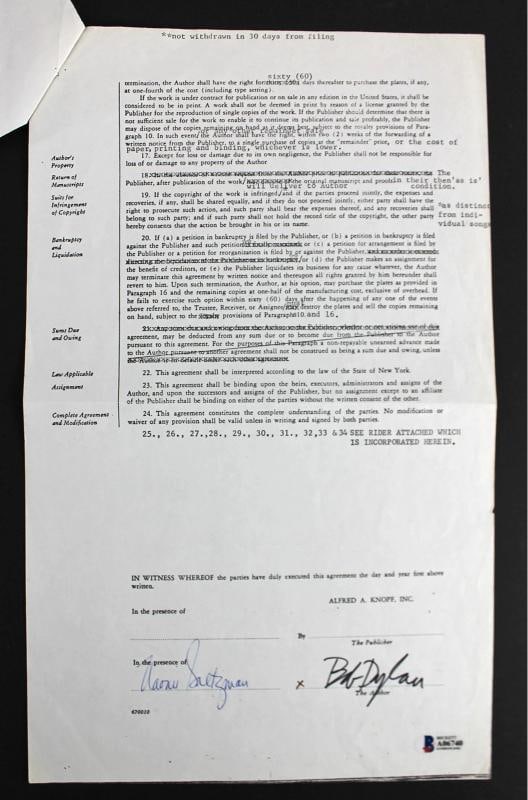 Bob Dylan Signed 1972 2 Pg "Writings & Drawings" Publishing Contract BAS #A06740 (1 of 5)