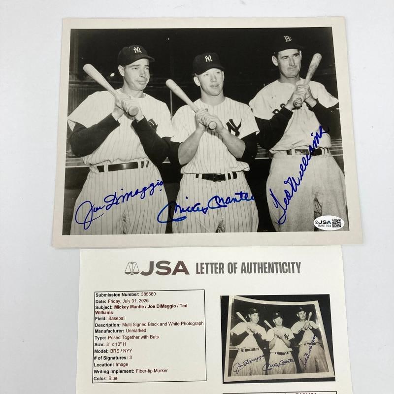 Mickey Mantle Joe Dimaggio Ted Williams Signed 8x10 Photo JSA COA Bold Mint Auto: Sport: Baseball,Player: Mickey Mantle,Signed: Yes,Original/Reprint: Original,Autograph Authentication: James Spence Authentication (JSA),Product: Photo,Country of Origin: United States