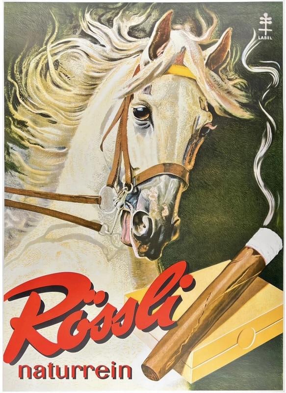 Original Vintage Poster ROSSLI Cigars Swiss Horse Switzerland Travel LINEN: Dimensions: 35.8 x 49.9 in. / 91 x 126.7 cm.; Circa: 1950s Original vintage "ROSSLI NATURREIN" Swiss poster, monogrammed in the plate by its artist, IWAN EDWIN HUGENTOBLER, and printed circa 1950s.