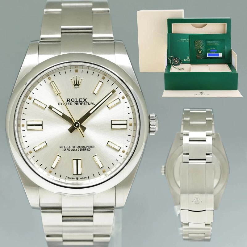 2023 NEW PAPERS Rolex Oyster Perpetual 41mm Silver Oyster 124300 Watch Box: Case & Dial Case Material: Rolex Stainless Steel Case Size: 41mm Bezel: Rolex Steel Crystal: Rolex Sapphire Dial: Rolex Silver Movement & Bracelet Movement: Rolex Automatic Bracelet Design: Rolex Oyst