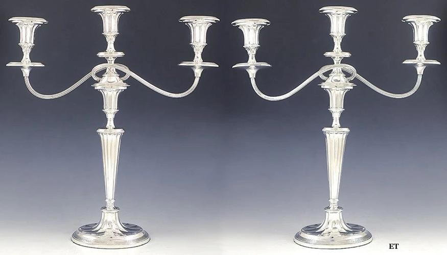 Antique English Silver Plate 3 Light Convertible Candelabra Candlesticks 18": Age: 1880-1915,Composition: Silverplate,Year Made: 1880-1915,Country of Origin: United Kingdom Presented is an impressive pair of English silver plated three light candelabra. These pieces date to the