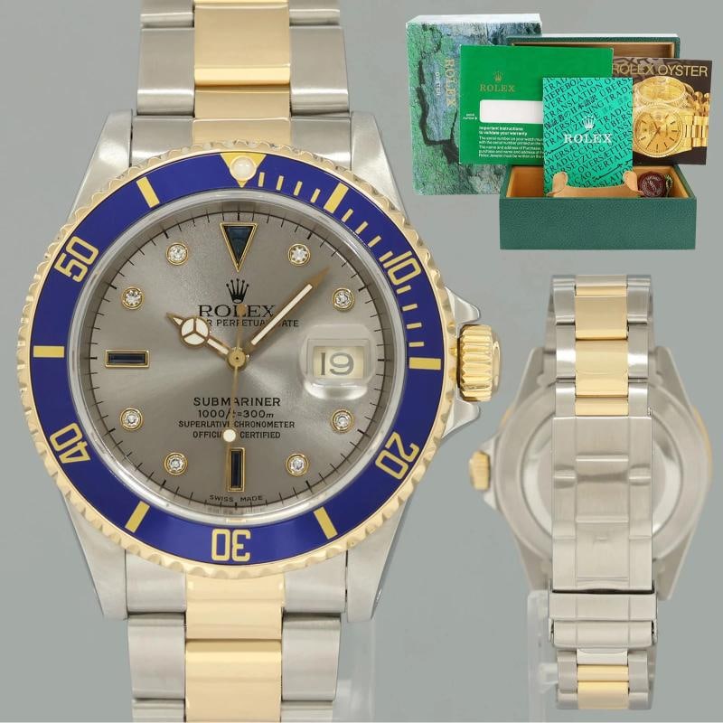 MINT Rolex Submariner 16613 Two Tone Yellow Gold Blue Serti Diamond 40mm Watch: Case & Dial Case Material: Rolex Two-Tone Yellow Gold & Stainless Steel Case Size: 40mm Bezel: Rolex Blue Crystal: Rolex Sapphire Dial: Rolex Champagne Serti Movement & Bracelet Movement: Rolex Automa