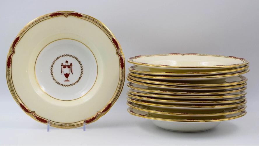 Set Of 12 Minton Gold/Burgundy Rim Soup Bowls - Circa 1920 Mint (1 of 7)