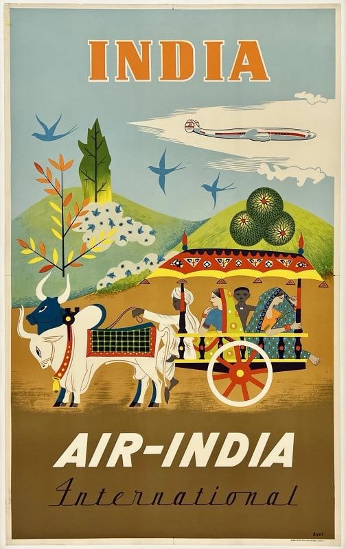 Original Vintage Poster INDIA AIR INDIA INTERNATIONAL Airline Travel Tourism OL: Dimensions: 25 x 40.3 in. / 63.5 x 102.3 cm.; Circa: 1950s Original vintage "INDIA - AIR INDIA INTERNATIONAL" airline travel poster, designed by ASIART, printed circa 1950s.