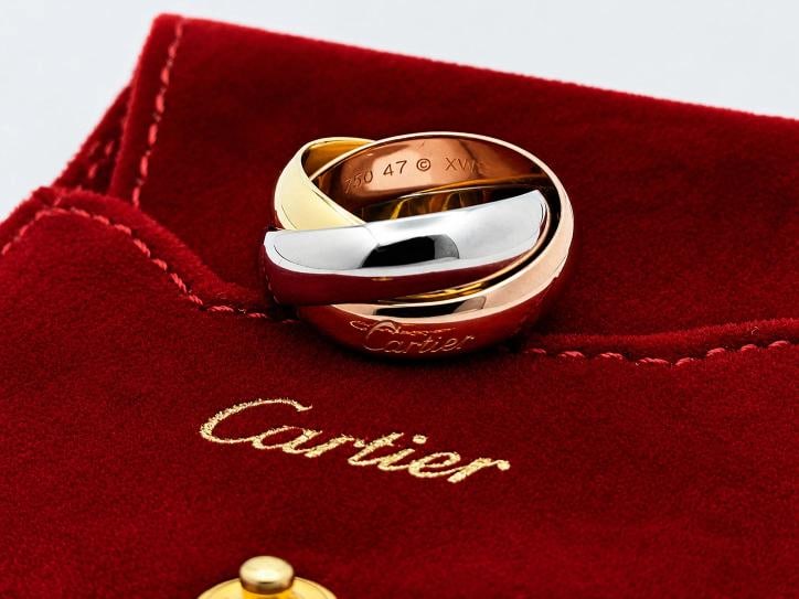 Cartier Trinity Classic Ring Large Model Tri Color 18k Gold COA Pouch: Condition: Pre-owned - Excellent,Shape: Round,Signed: Yes,Color: Multicolor,Sizable: No,Metal: Multi-Tone Gold,Materials sourced from: France,Main Stone: No Stone,Brand: Cartier,Ring Size: 4.5,Type: R