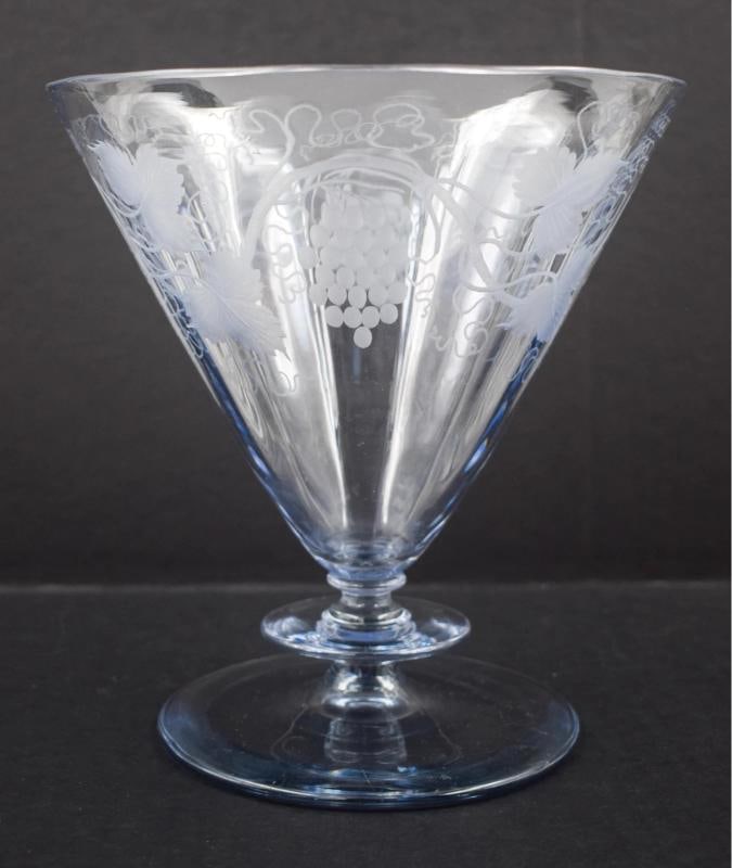 Steuben Moonlight Engraved Vase w/Grapes & Vines Shape #6419, Signed - 2