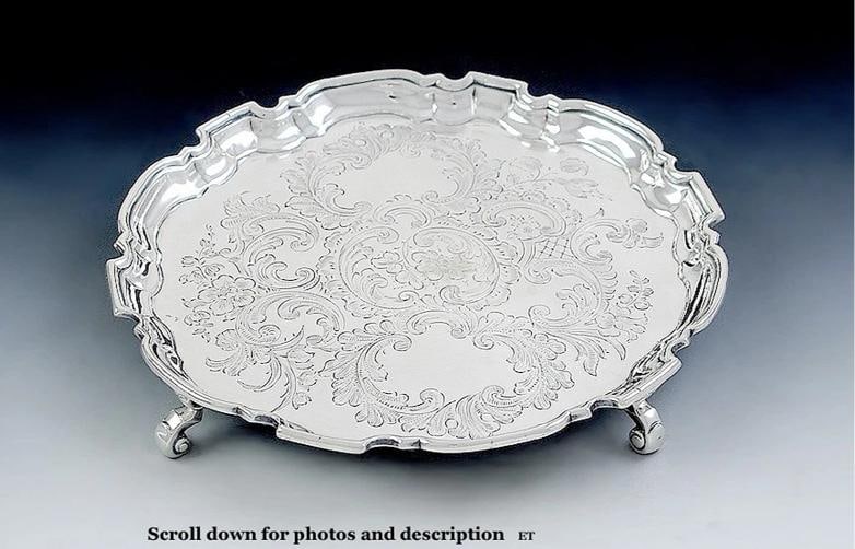 1728 George II Sterling Silver Floral Engraved Footed Salver (1 of 5)