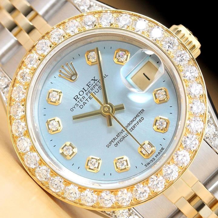 ROLEX LADIES DATEJUST 69173 ICE BLUE 18K GOLD STEEL WATCH + 1.5 CT DIAMOND BEZEL: Condition: Pre-owned - Excellent,Bezel Color: Gold,Max Wrist Size: 6.26-6.75 in,Number of Jewels: 29 Jewels,Indices: Diamond Markers, 12-Hour Dial,Band: Rolex Two-Tone Jubilee Bracelet,Bezel: Custom 1