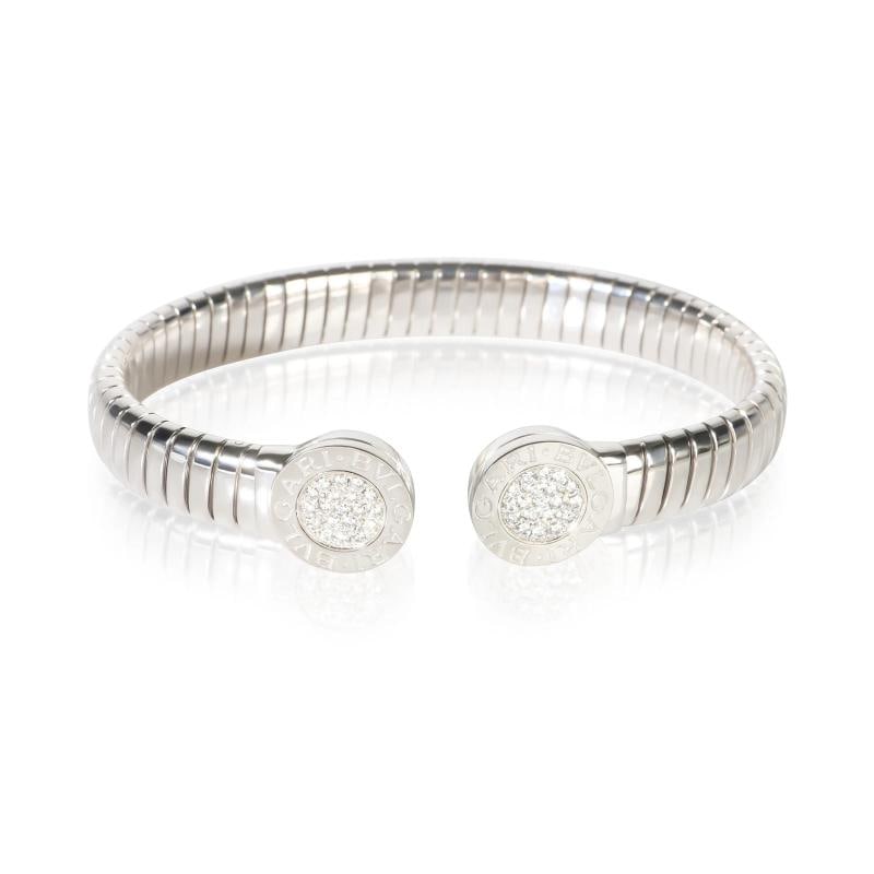 BVLGARI Stainless Steel Diamond Tubogas Bracelet: Condition: Pre-owned,Shape: Round Brilliant,Item Length: 6.5 in,Clasp/Buckle Type: No Clasp,Side Stone Type: Diamond,Side Stone Weight (cts): 0.30,With Original Box/Packaging: No,With Papers: